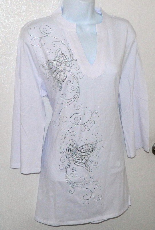 Tunic -  Silver Butterfly Design w Mandarin Collar