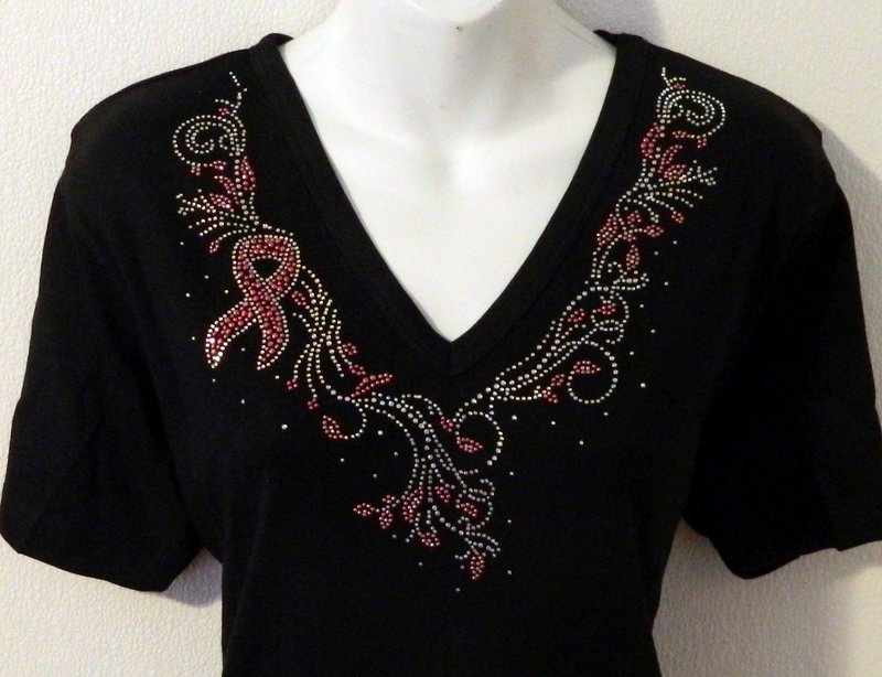 Cancer Pink Ribbon VNeckline w Embellished Sleeve