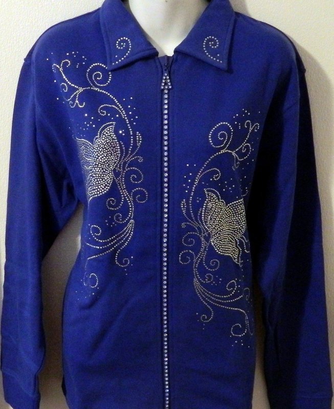 Rhinestone Crystal Zippered Cardigans w Silver Butterfly Design