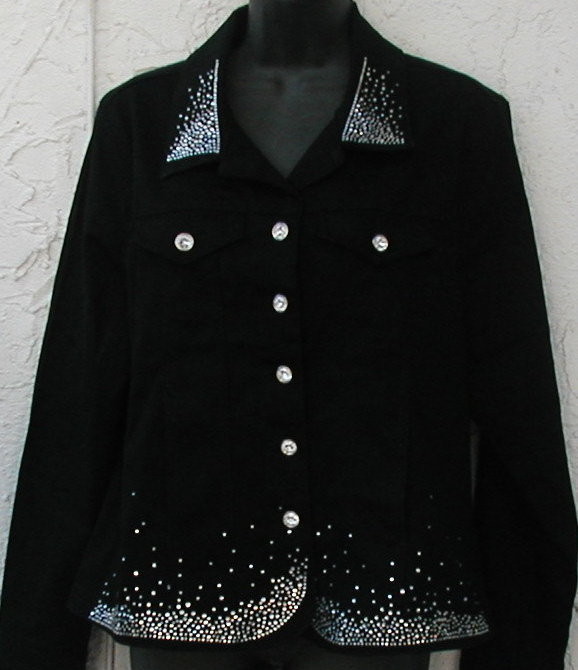 Western Cut Black Denim Jacket w Rhinestone Buttons -elegant  spray design