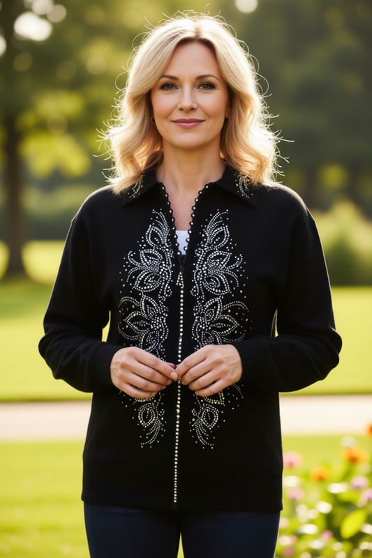 CARDIGAN w Crystal Zipper w Collar Floral Design Panels CARDIGAN w Crystal Zipper w Collar Floral Design Panels