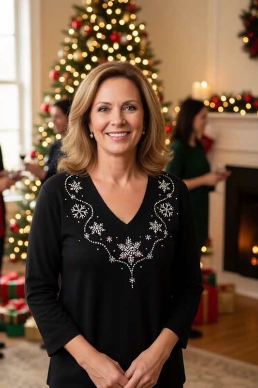 Rhinestone Snowflake  - V neckline Shirt