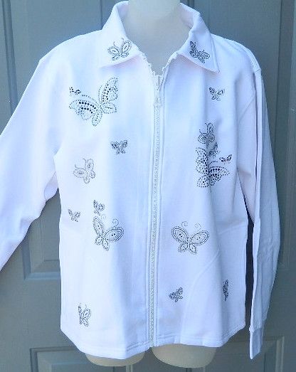 Crystal Zippered Cardigan w Black Butterfly Design Crystal Zippered Cardigan w Black Butterfly Design