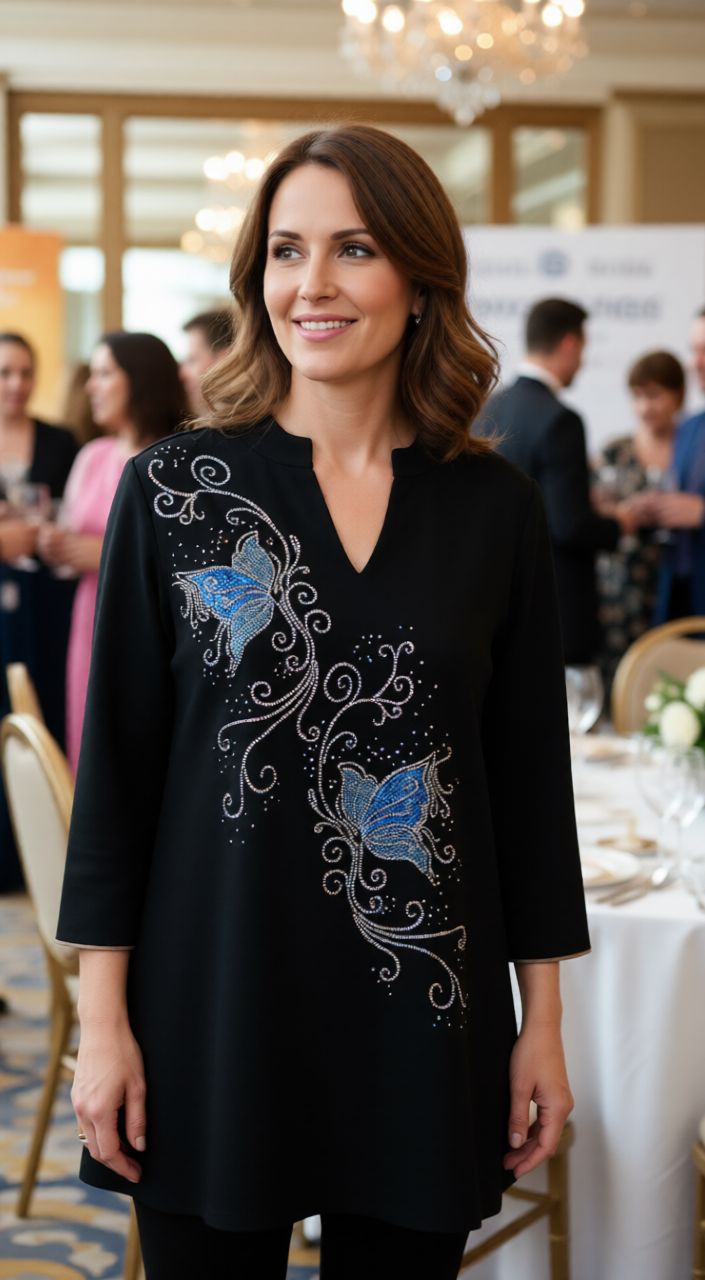 Tunic -  BLUE  Butterfly Design w Mandarin Collar