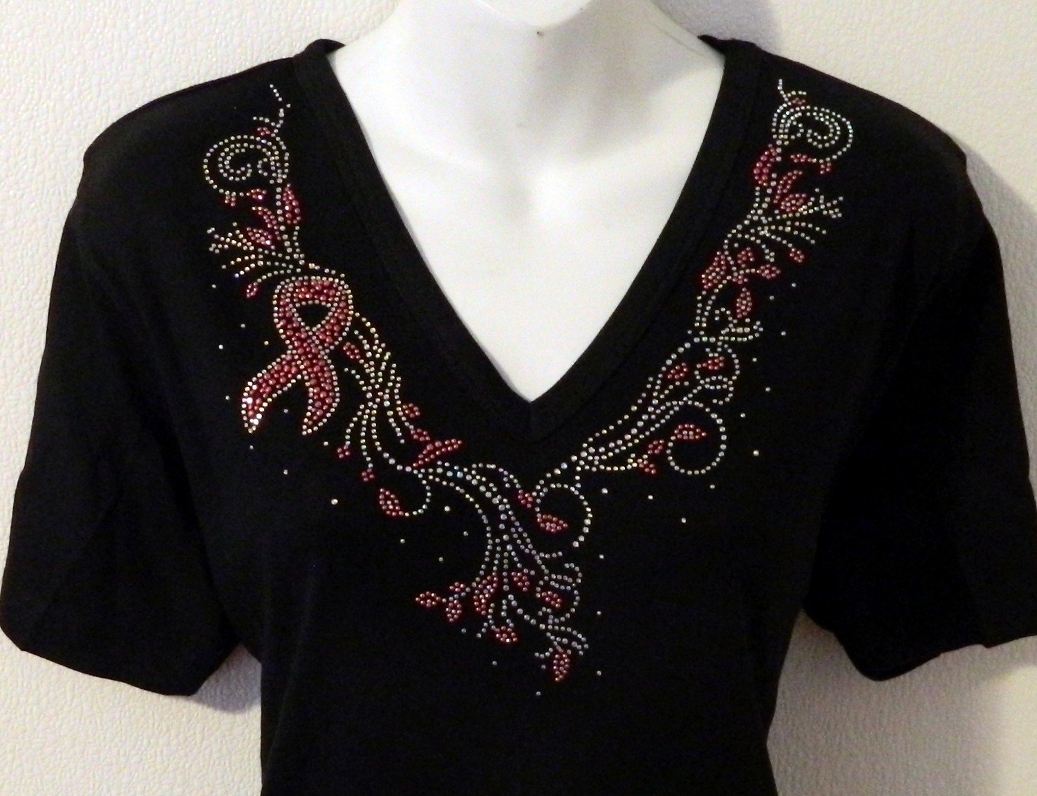 Rhinestone Cancer Pink Ribbon VNeck Shirt