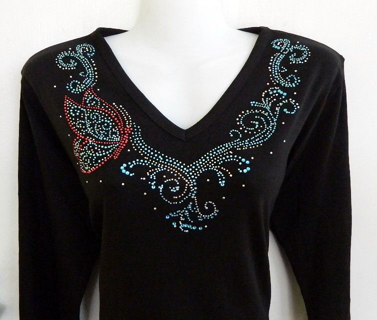 Pink Butterfly/ Aqua Stones  V-Neckline (embellished  sleeves)