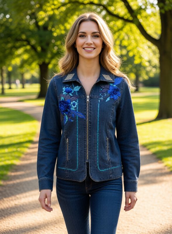 Blue Denim Western w Zipper - Applique & Rhinestone Embellished Details- 1 only-sz small Blue Denim Western w Zipper - Applique & Rhinestone Embellished Details- 1 only-sz small