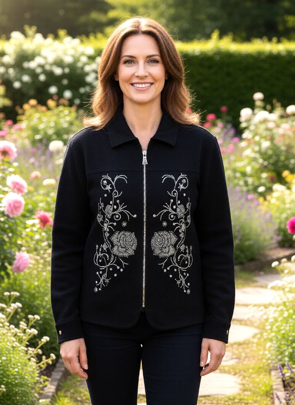 Western Cut Black Denim Jacket w Rhinestone Zipper w Black Rose Design Western Cut Black Denim Jacket w Rhinestone Zipper w Black Rose Design