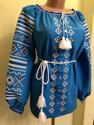 Вишиванка, жіноча вишивана блузка на синьому льоні (Арт. 02280)