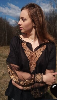 Вишиванка, жіноча вишивана блузка на чорному домотканому+євросітка (Арт. 02582)
