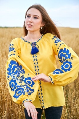Вишиванка, жіноча вишивана блузка на жовтому домотканому "Бохо" (Арт. 03021)