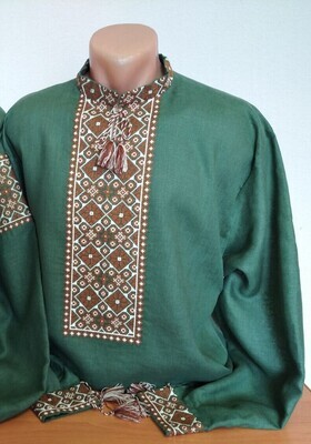 Вишиванка, чоловіча вишита сорочка на зеленому домотканому полотні (Арт. 03022)