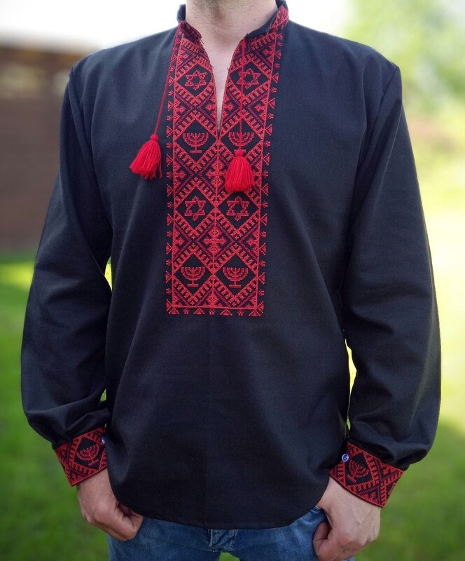 Чоловіча сорочка з орнаментом "Менора і Щит (Зірка) Давида"(Арт. 03084) Чоловіча сорочка з орнаментом "Менора і Щит (Зірка) Давида"(Арт. 03084)