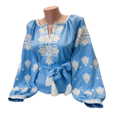 Вишиванка, жіноча вишивана блузка на блакитному домотканому (Арт. 03100)