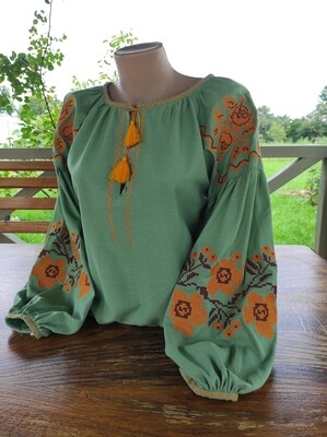 Вишиванка, жіноча вишивана блузка на оливковому домотканому "Бохо" (Арт. 03105)