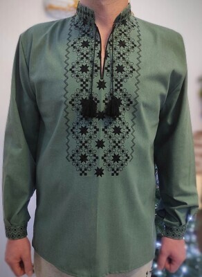 Вишиванка, чоловіча вишита сорочка на оливковому льоні (Арт. 03209) Вишиванка, чоловіча вишита сорочка на оливковому льоні (Арт. 03209)