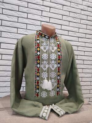 Вишиванка, чоловіча вишита сорочка на оливковому льоні (Арт. 03216) Вишиванка, чоловіча вишита сорочка на оливковому льоні (Арт. 03216)