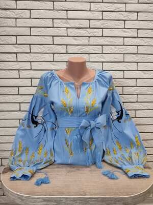 Вишиванка, жіноча вишивана блузка на блакитному домотканому "Бохо" (Арт. 03215) Вишиванка, жіноча вишивана блузка на блакитному домотканому "Бохо" (Арт. 03215)