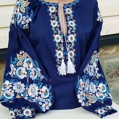 Вишиванка, жіноча вишивана блузка на темно-синьому домотканому (Арт. 03220) Вишиванка, жіноча вишивана блузка на темно-синьому домотканому (Арт. 03220)