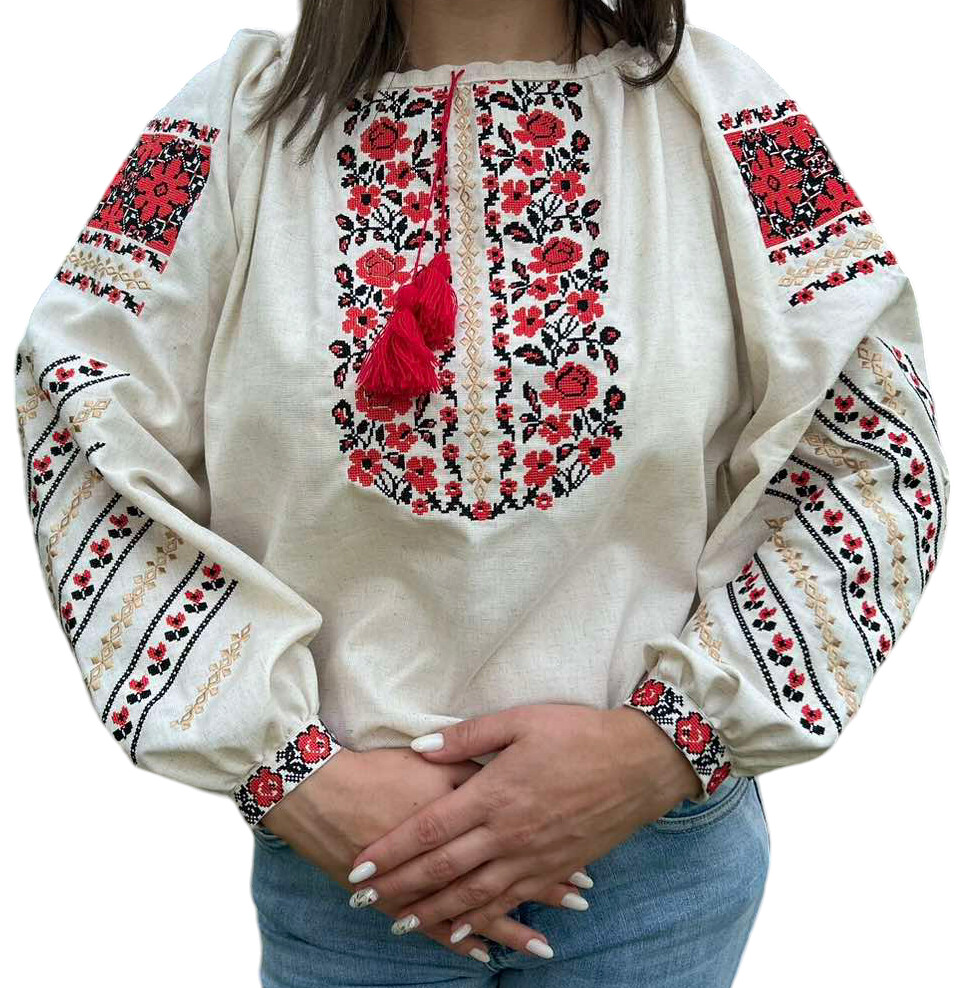 Вишиванка, жіноча вишивана блузка на сірому домотканому полотні (Арт. 03251)