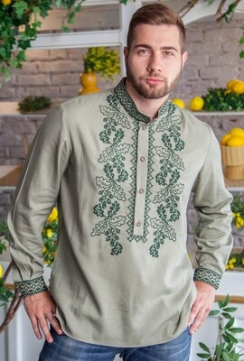 Вишиванка, чоловіча вишита сорочка на оливковому льоні (Арт. 03299) Вишиванка, чоловіча вишита сорочка на оливковому льоні (Арт. 03299)