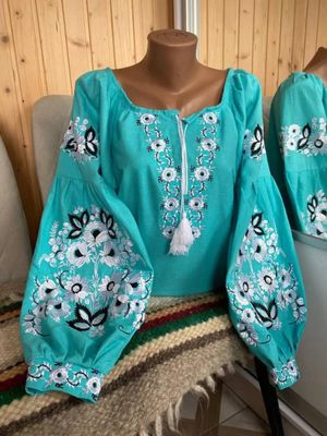 Вишиванка, жіноча вишивана блузка на бірюзовому домотканому (Арт. 03485) Вишиванка, жіноча вишивана блузка на бірюзовому домотканому (Арт. 03485)