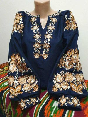 Вишиванка, жіноча вишивана блузка на темно-синьому домотканому (Арт. 03523) Вишиванка, жіноча вишивана блузка на темно-синьому домотканому (Арт. 03523)