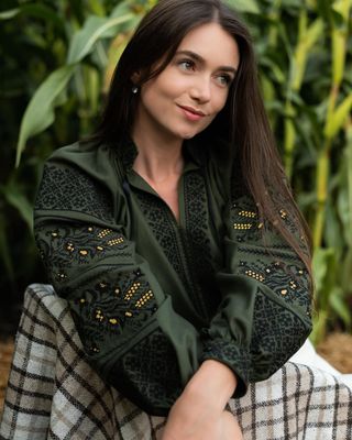 Вишиванка, жіноча вишивана блузка на зеленому домотканому "Колоски" (Арт. 03682) Вишиванка, жіноча вишивана блузка на зеленому домотканому "Колоски" (Арт. 03682)