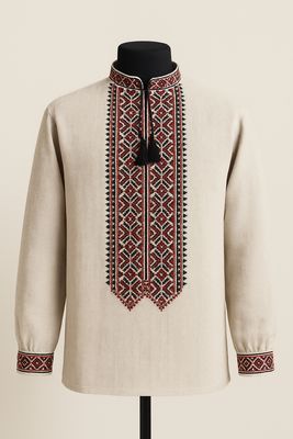 Вишиванка, чоловіча вишита сорочка на сірому домотканому "Поліська" (Арт. 03729) Вишиванка, чоловіча вишита сорочка на сірому домотканому "Поліська" (Арт. 03729)