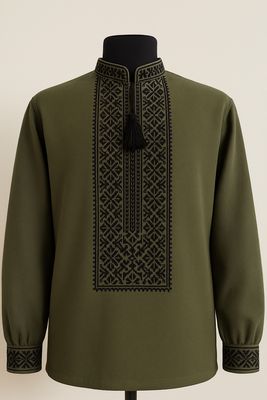 Вишиванка, чоловіча вишита сорочка на оливковому домотканому (Арт. 03731) Вишиванка, чоловіча вишита сорочка на оливковому домотканому (Арт. 03731)