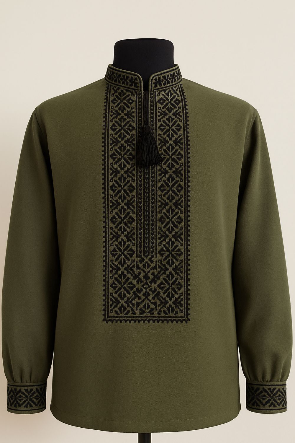 Вишиванка, чоловіча вишита сорочка на оливковому домотканому (Арт. 03732)