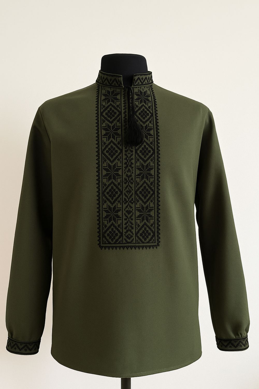 Вишиванка, чоловіча вишита сорочка на оливковому домотканому (Арт. 03733)