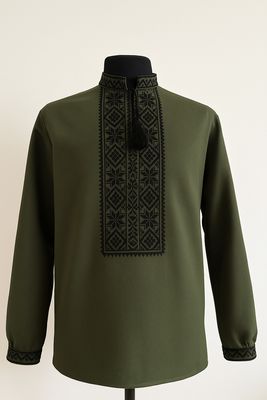 Вишиванка, чоловіча вишита сорочка на оливковому домотканому (Арт. 03733) Вишиванка, чоловіча вишита сорочка на оливковому домотканому (Арт. 03733)