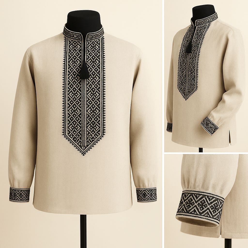 Вишиванка, чоловіча вишита сорочка на сірому домотканому (Арт. 03734)