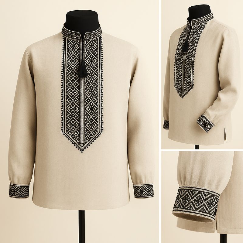 Вишиванка, чоловіча вишита сорочка на сірому домотканому (Арт. 03734)