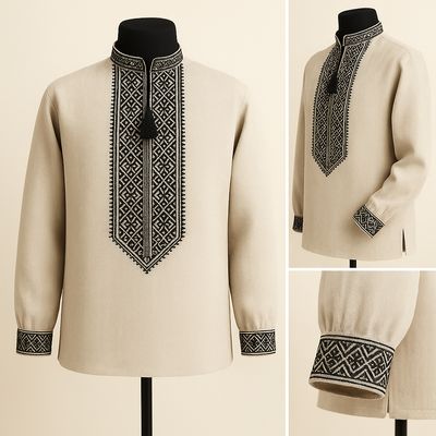 Вишиванка, чоловіча вишита сорочка на сірому домотканому (Арт. 03734) Вишиванка, чоловіча вишита сорочка на сірому домотканому (Арт. 03734)