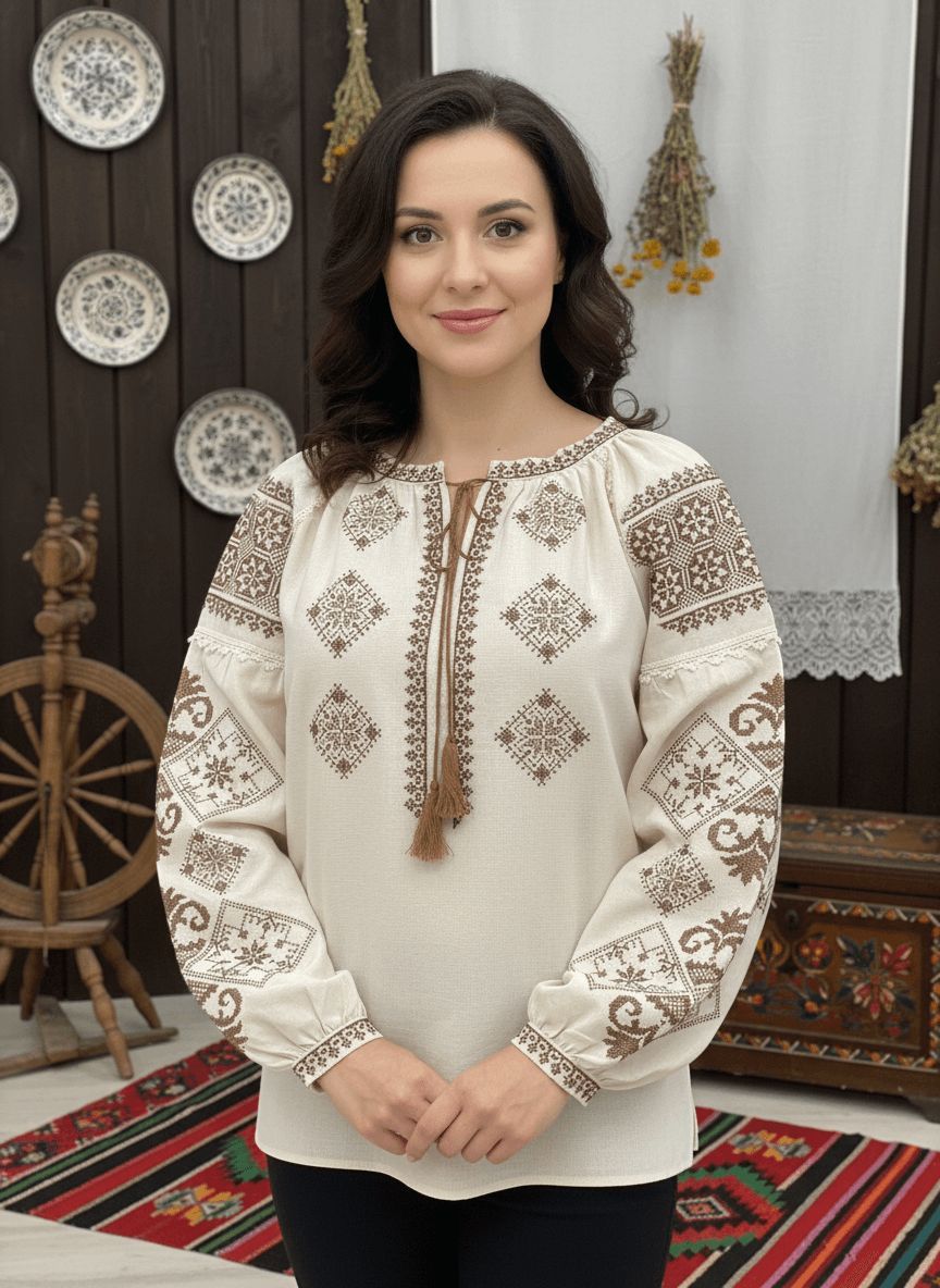 Вишиванка, жіноча вишивана блузка на сірому домотканому полотні (Арт. 03736)