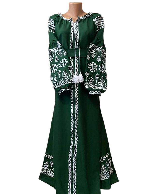 Вишиванка жіноча, сукня вишивана на зеленому домотканому (Арт. 03739)