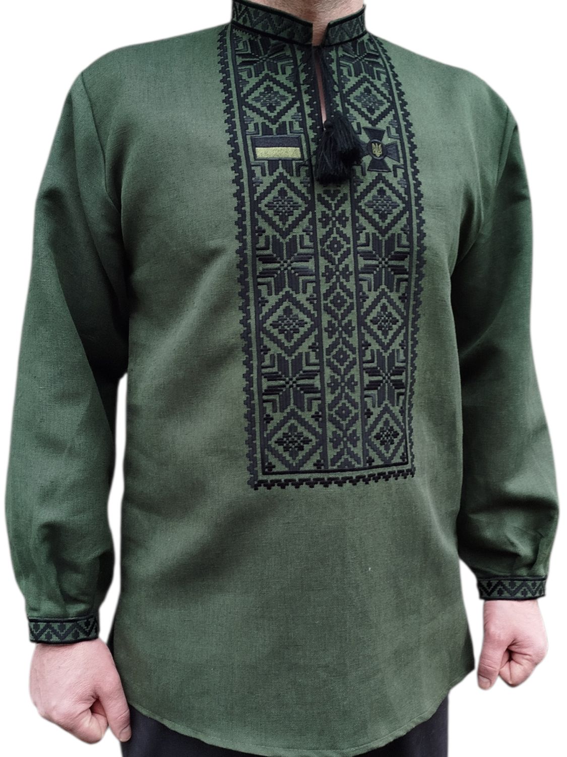 Вишиванка, чоловіча вишита сорочка на оливковому льоні (Арт. 03755)