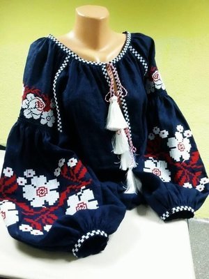 Вишиванка, жіноча вишивана блузка на синьому льоні "Бохо" (Арт. 02063) Вишиванка, жіноча вишивана блузка на синьому льоні "Бохо" (Арт. 02063)