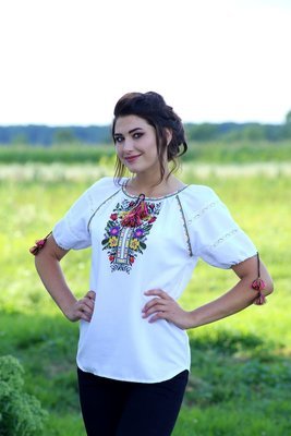 Вишиванка, жіноча вишивана блузка на домотканому полотні на короткий рукав (Арт. 02127)