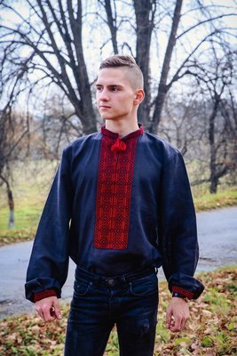 Вишиванка чоловіча червоним по чорному льоні (Арт. 00397)