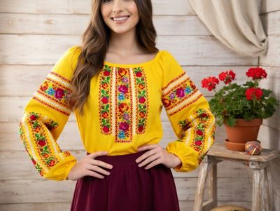Вишиванка, жіноча вишивана блузка на жовтому льоні (Арт. 02034)