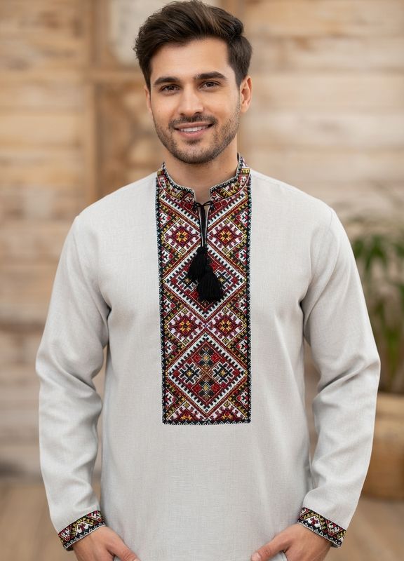 Вишиванка, чоловіча вишита сорочка на сірому домотканому (Арт. 03390)
