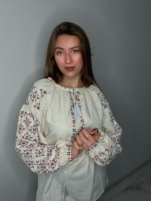 Вишиванка, жіноча вишивана блузка на сірому домотканому полотні (Арт. 03415)
