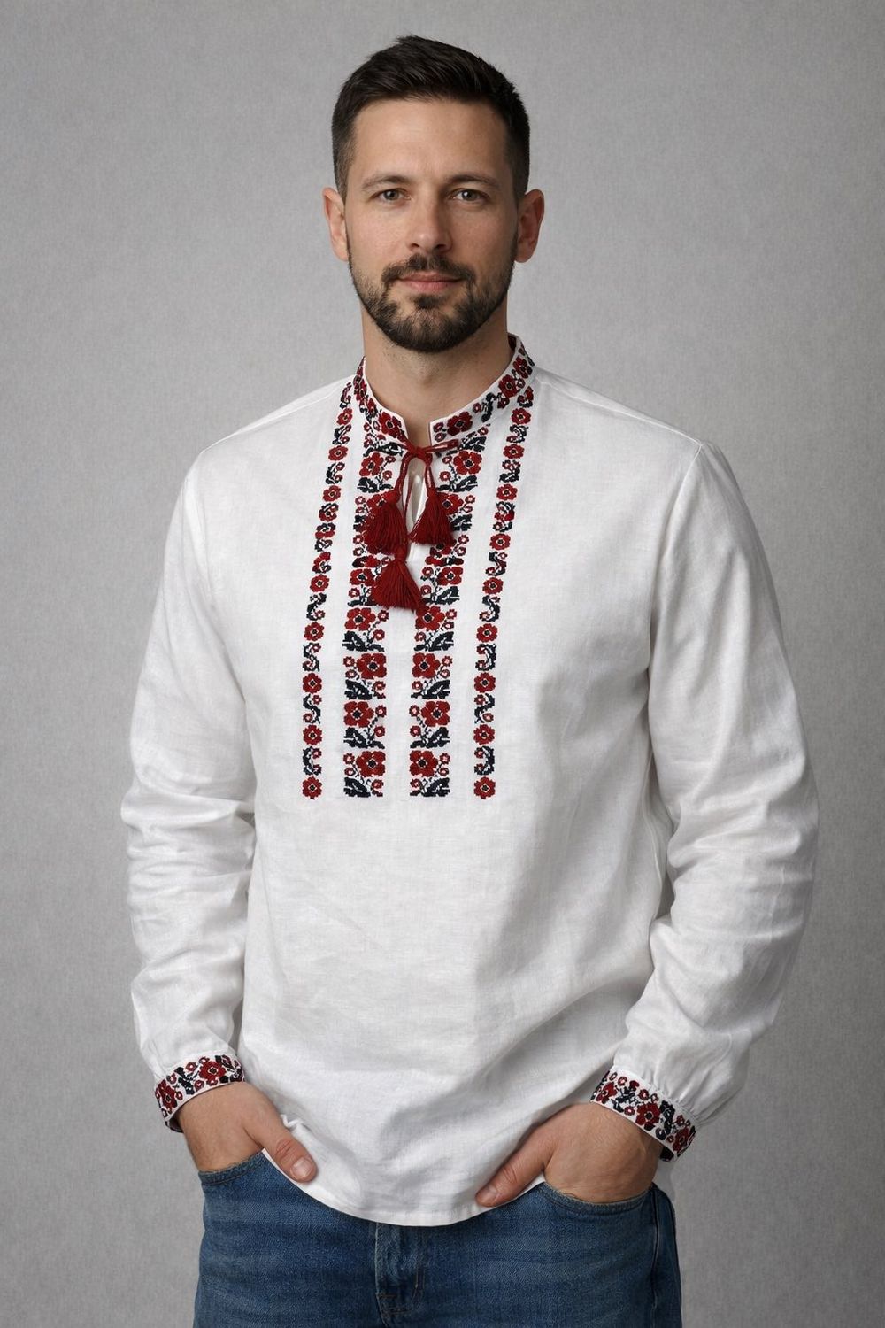 Вишиванка, чоловіча вишита сорочка на білому домотканому (Арт. 03511)