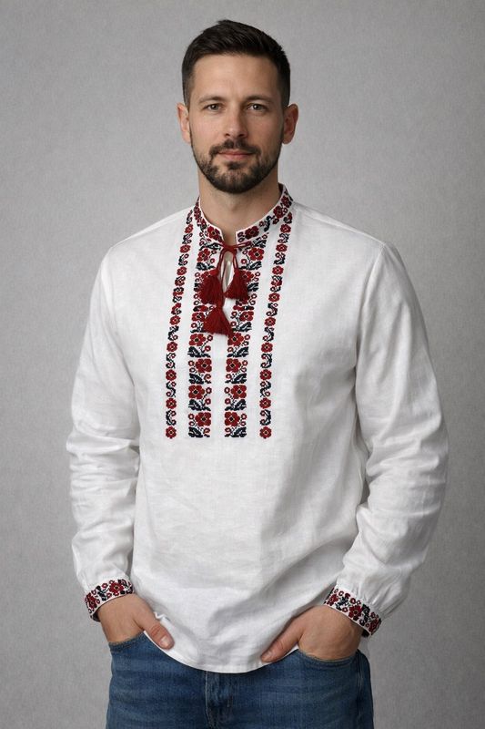 Вишиванка, чоловіча вишита сорочка на білому домотканому (Арт. 03511)