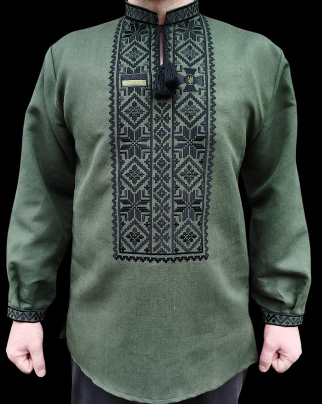 Вишиванка, чоловіча вишита сорочка на оливковому льоні (Арт. 03755)