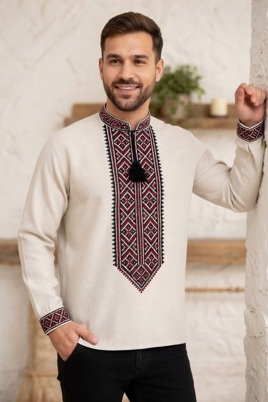 Вишиванка, чоловіча вишита сорочка на сірому домотканому "Поліська" (Арт. 03759)