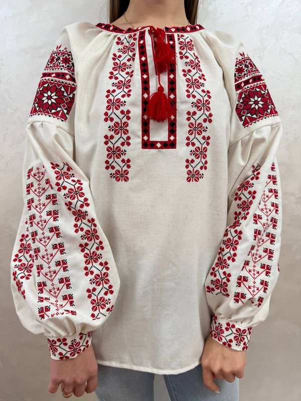 Вишиванка, жіноча вишивана блузка на сірому домотканому полотні (Арт. 03781)